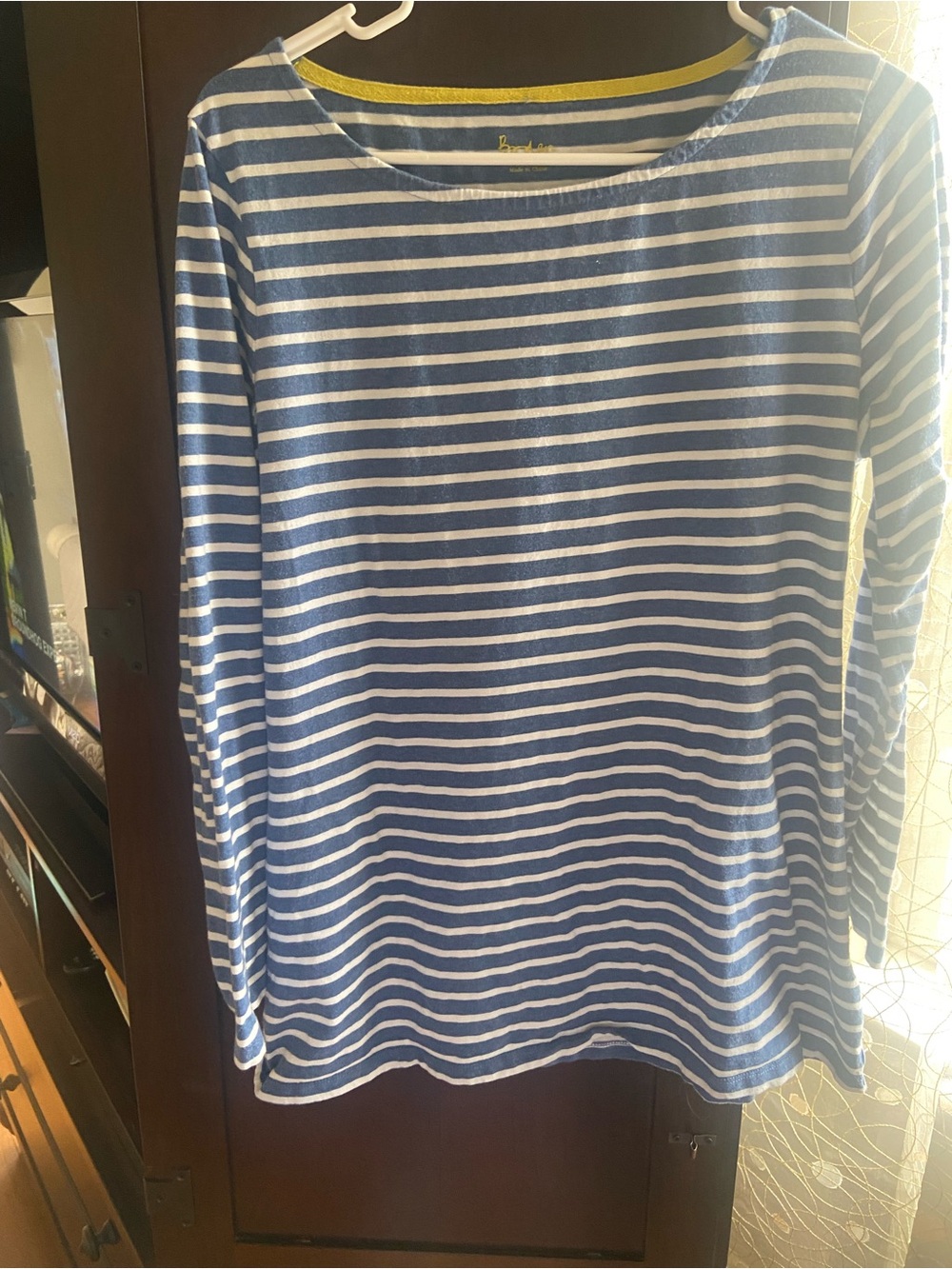 Boden Blue & White Striped Top with Yellow Trim